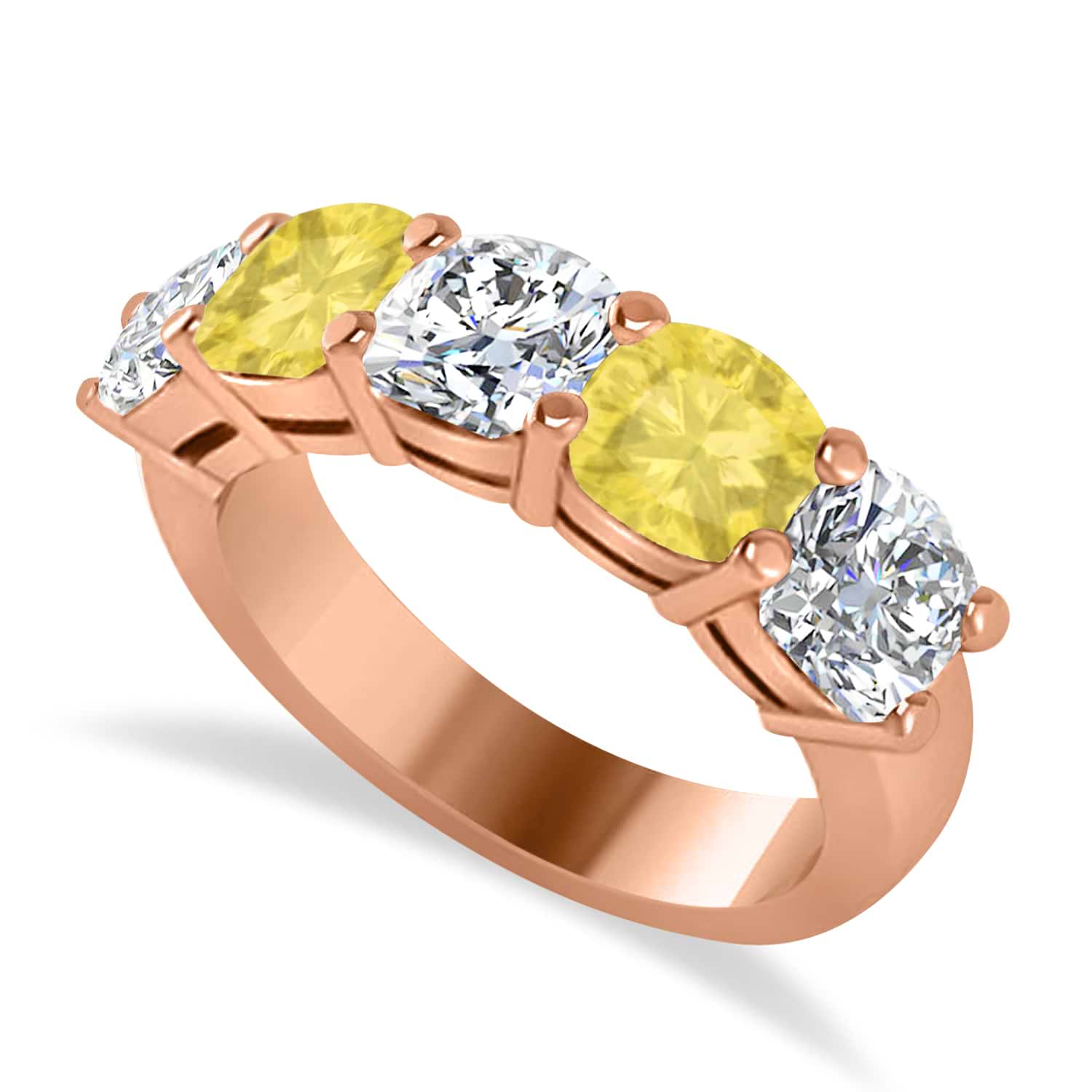 Cushion Yellow & White Diamond Five Stone Ring 14k Rose Gold (3.75ct)