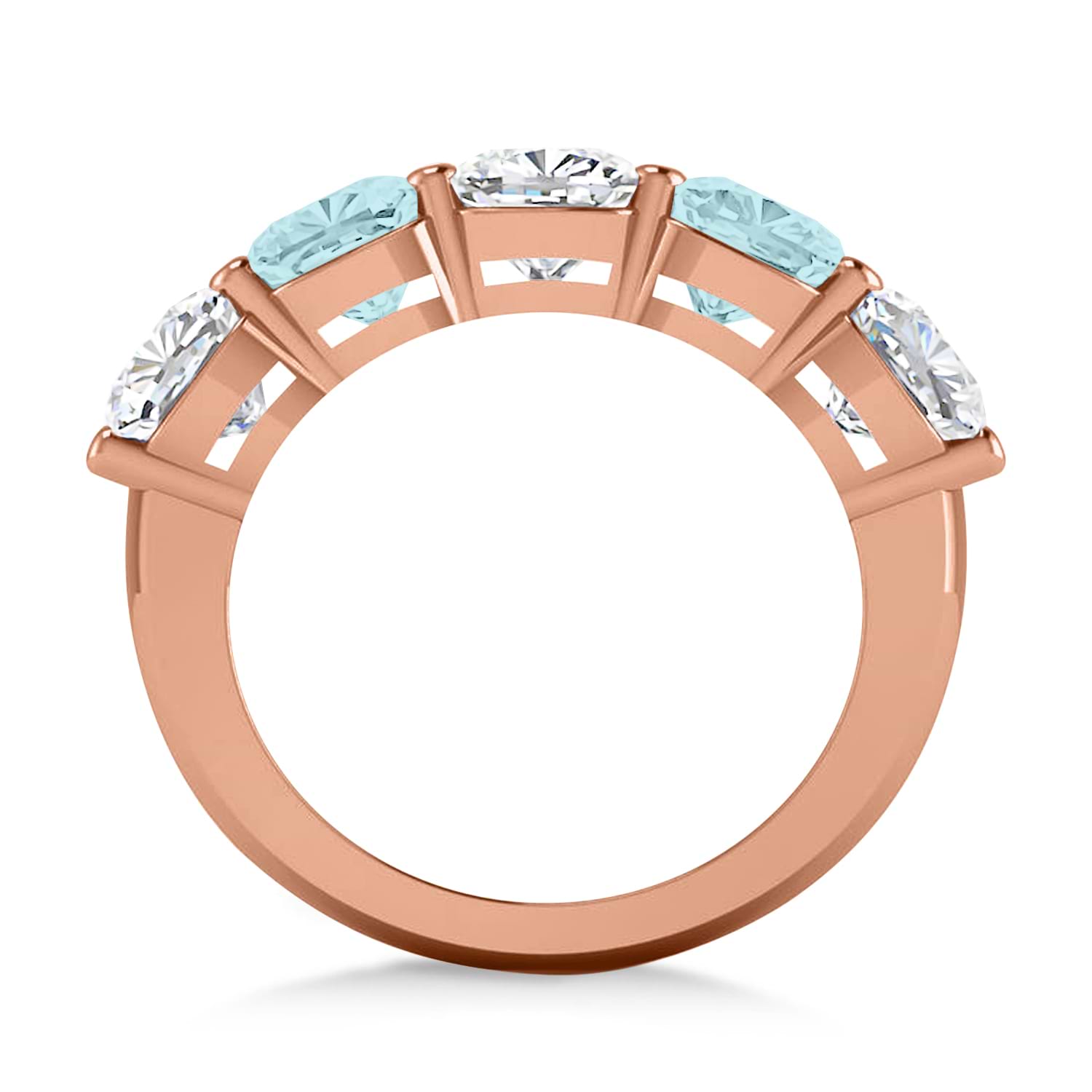 Cushion Diamond & Aquamarine Five Stone Ring 14k Rose Gold (5.20ct)