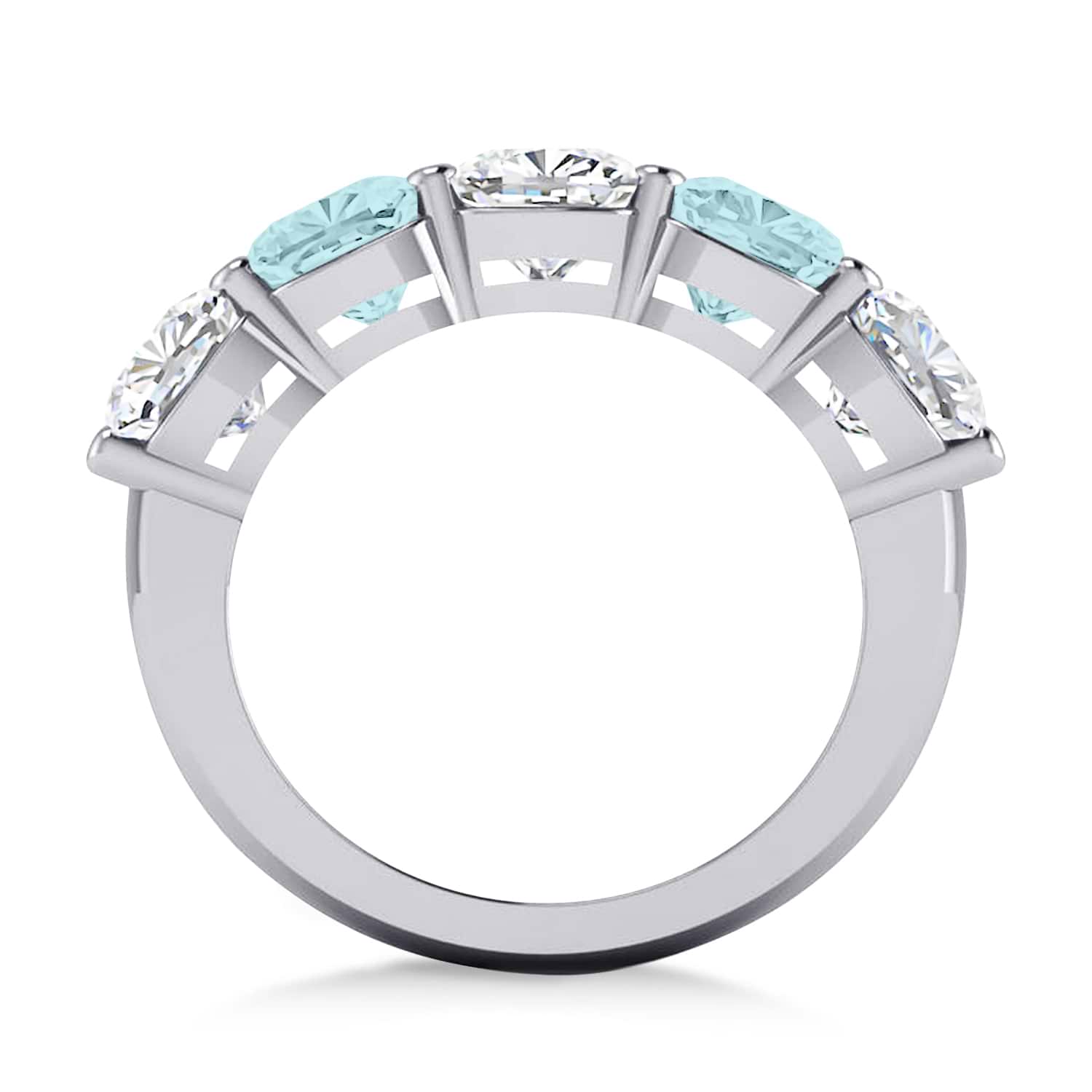 Cushion Diamond & Aquamarine Five Stone Ring 14k White Gold (5.20ct)