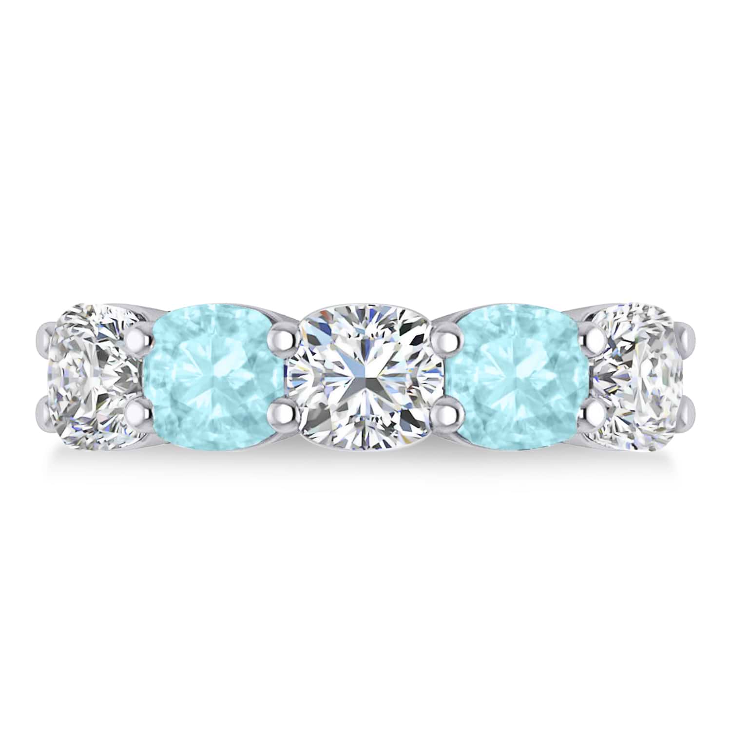 Cushion Diamond & Aquamarine Five Stone Ring 14k White Gold (5.20ct)