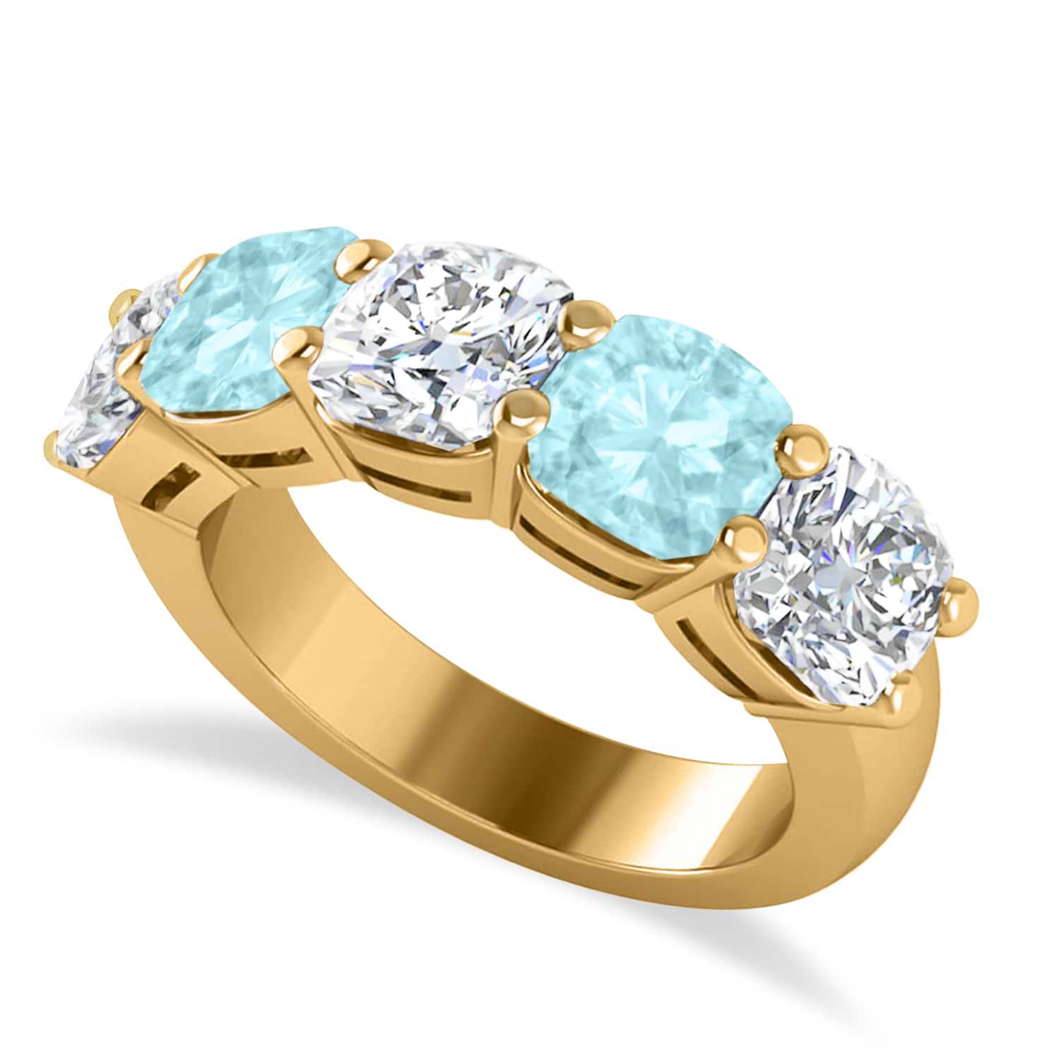Cushion Diamond & Aquamarine Five Stone Ring 14k Yellow Gold (5.20ct)