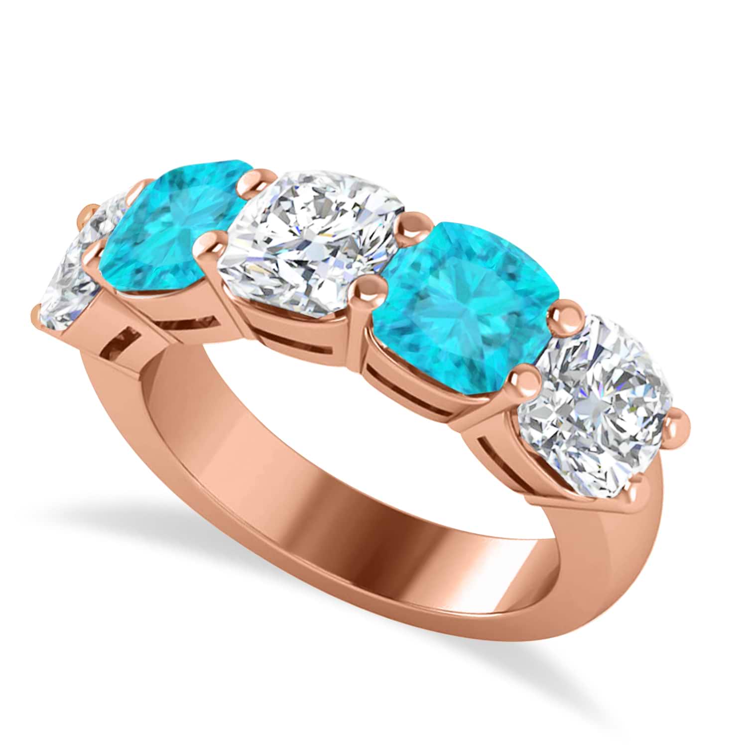 Cushion Blue & White Diamond Five Stone Ring 14k Rose Gold (5.00ct)