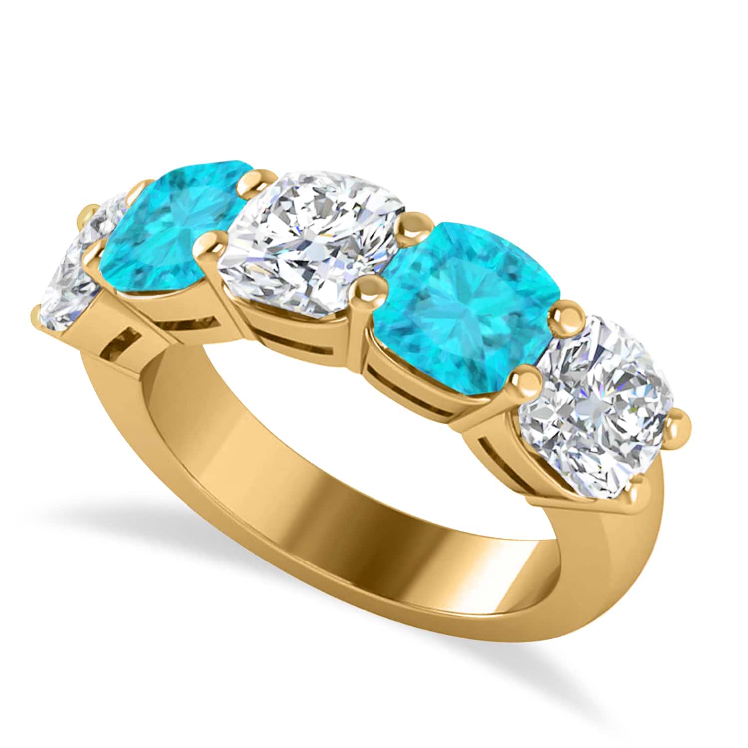Cushion Blue & White Diamond Five Stone Ring 14k Yellow Gold (5.00ct)