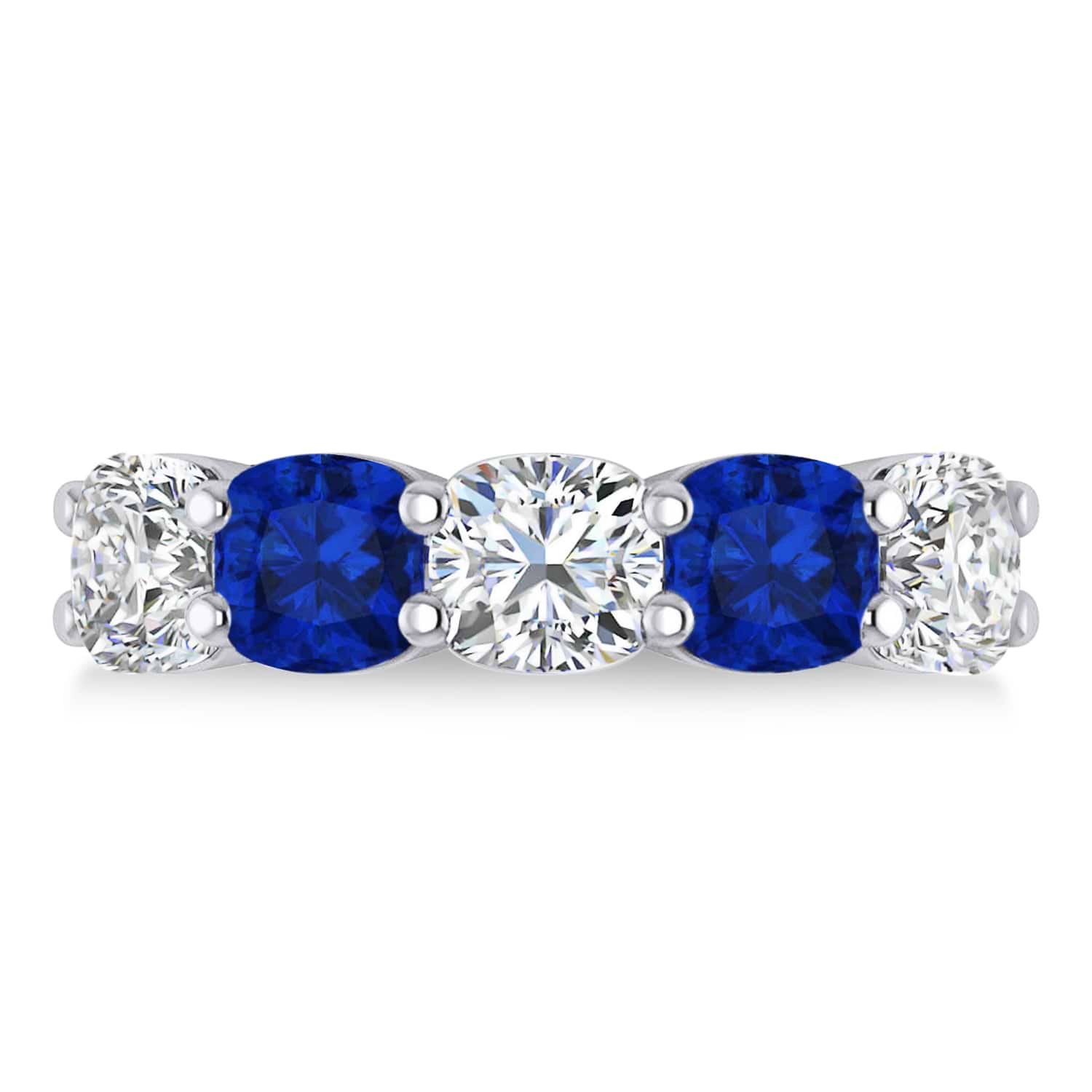 Cushion Diamond & Blue Sapphire Five Stone Ring 14k White Gold (5.20ct)