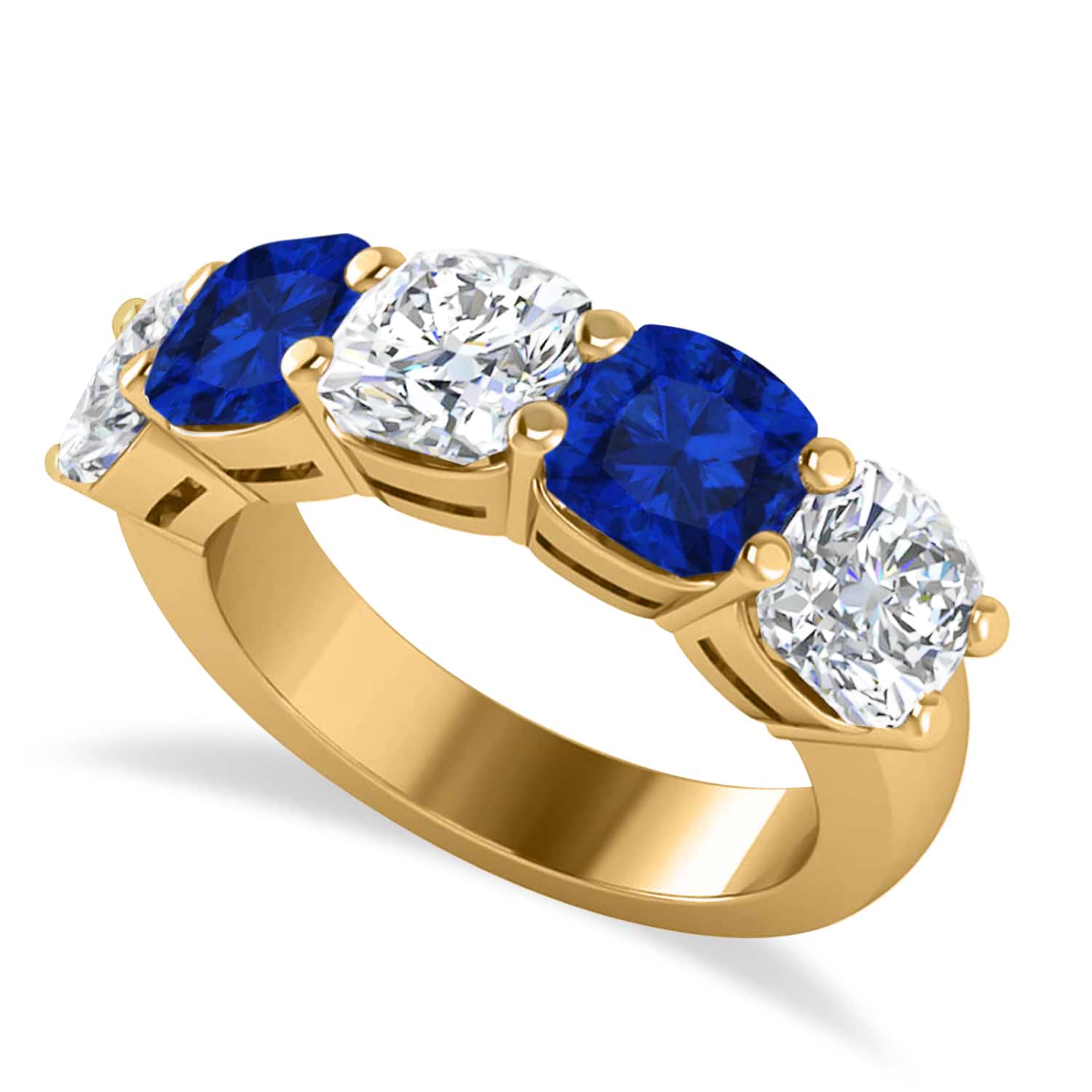 Cushion Diamond & Blue Sapphire Five Stone Ring 14k Yellow Gold (5.20ct)