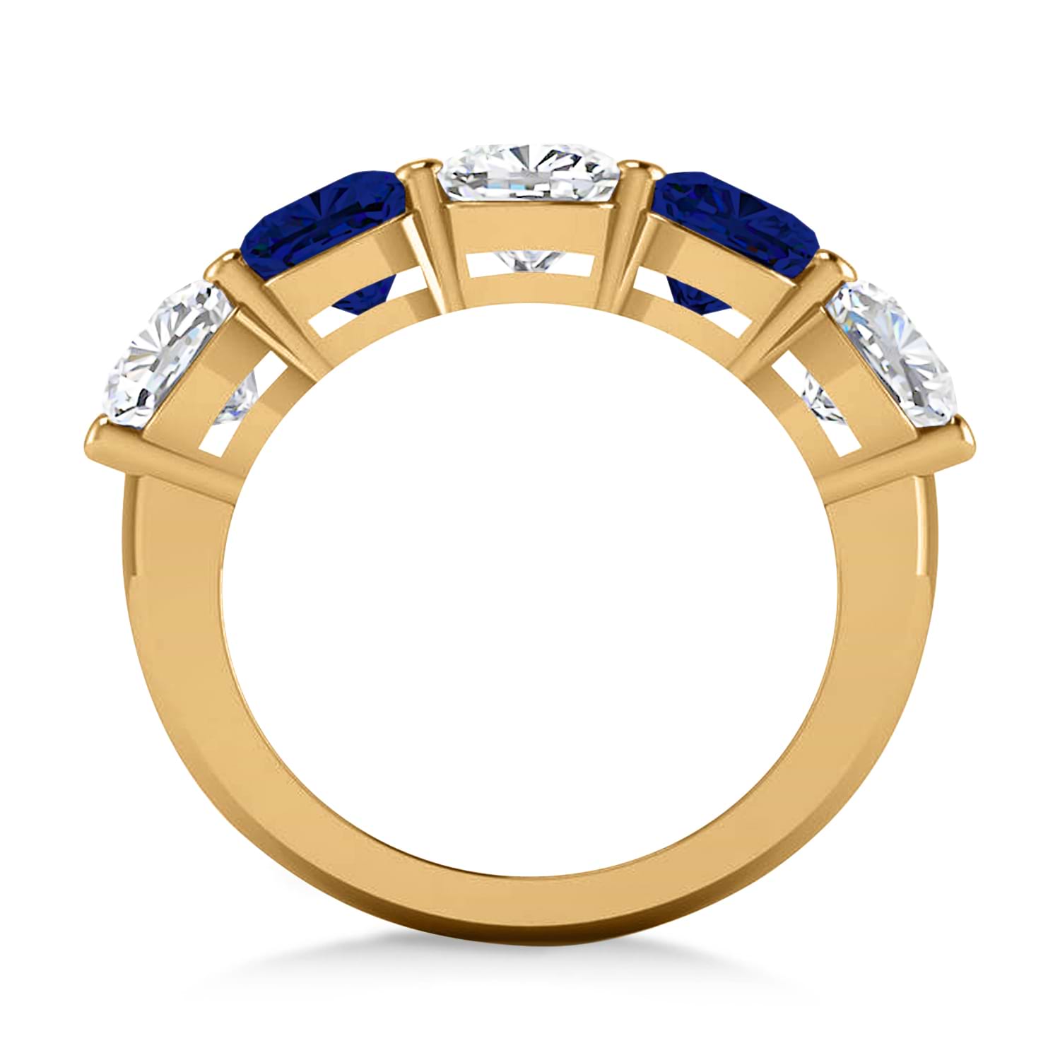 Cushion Diamond & Blue Sapphire Five Stone Ring 14k Yellow Gold (5.20ct)