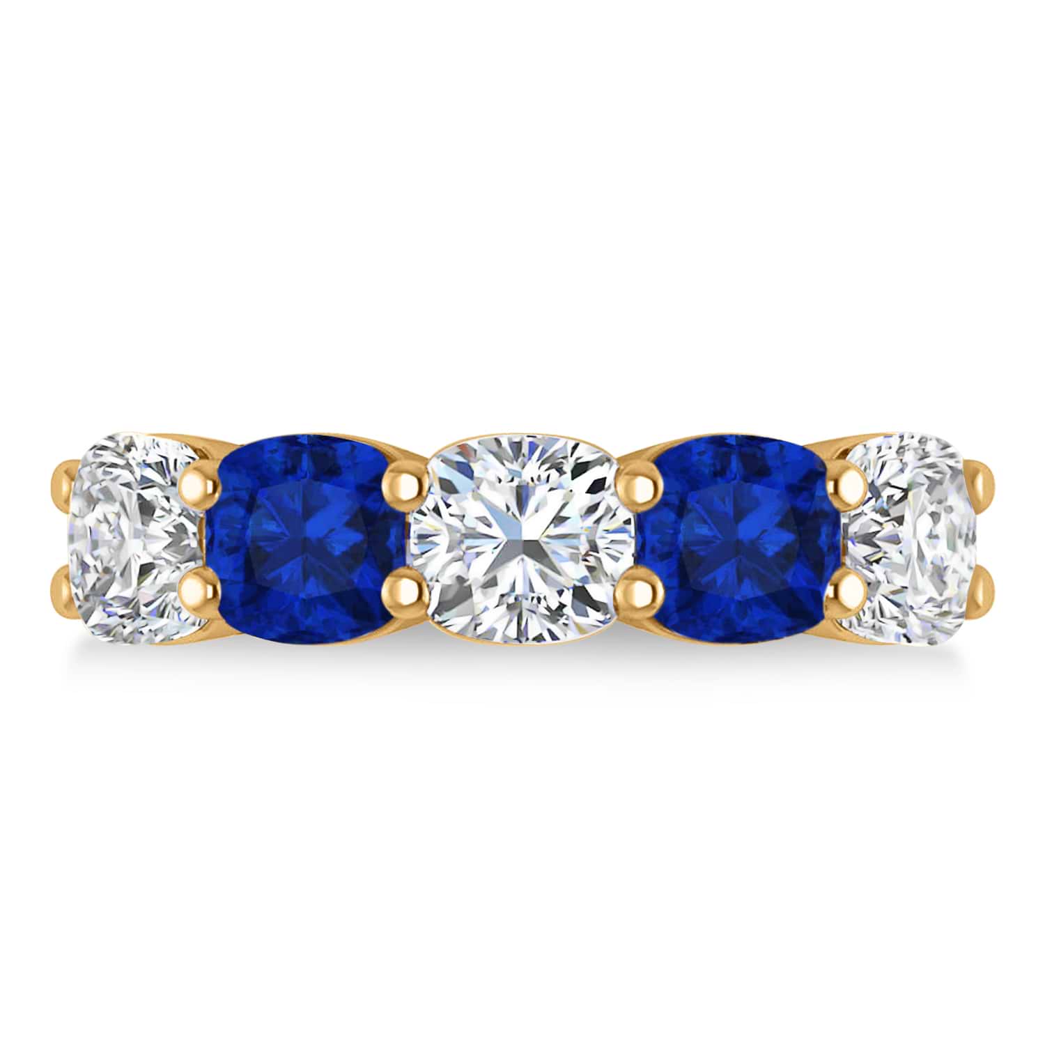 Cushion Diamond & Blue Sapphire Five Stone Ring 14k Yellow Gold (5.20ct)