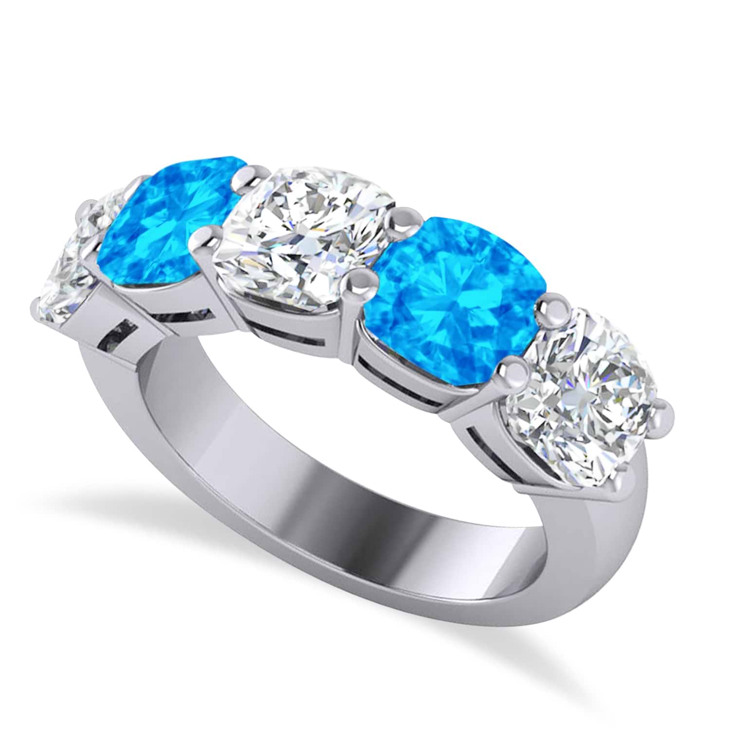 Cushion Diamond & Blue Topaz Five Stone Ring 14k White Gold (5.20ct)