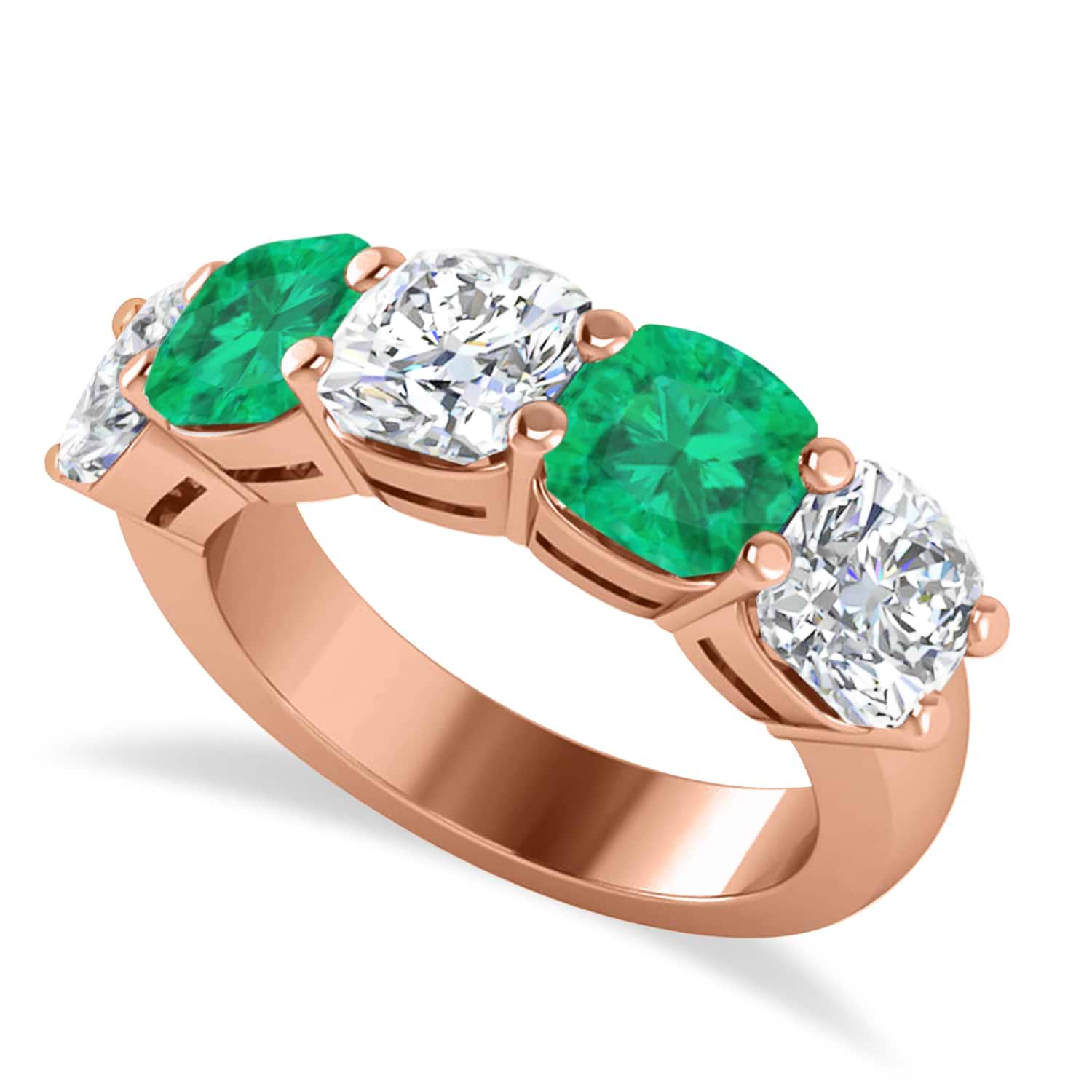 Cushion Diamond & Emerald Five Stone Ring 14k Rose Gold (5.20ct)