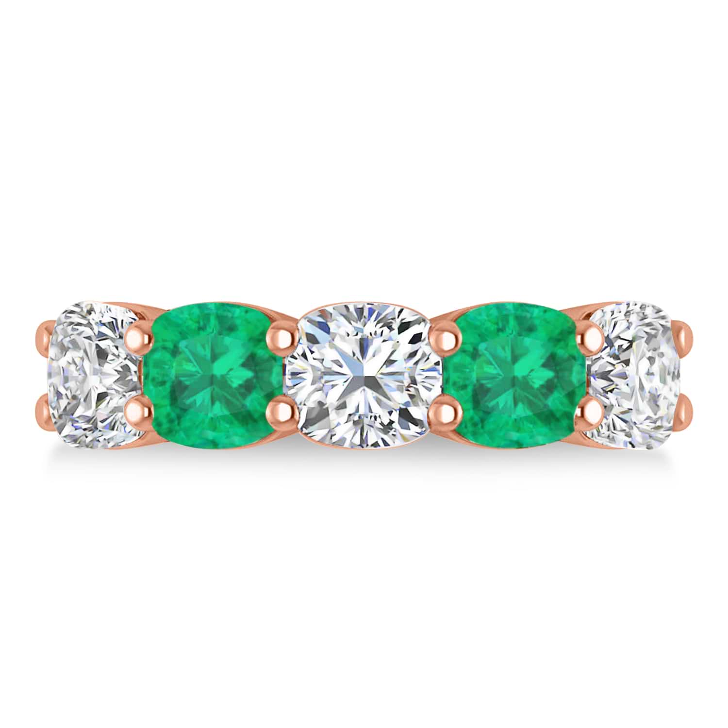 Cushion Diamond & Emerald Five Stone Ring 14k Rose Gold (5.20ct)