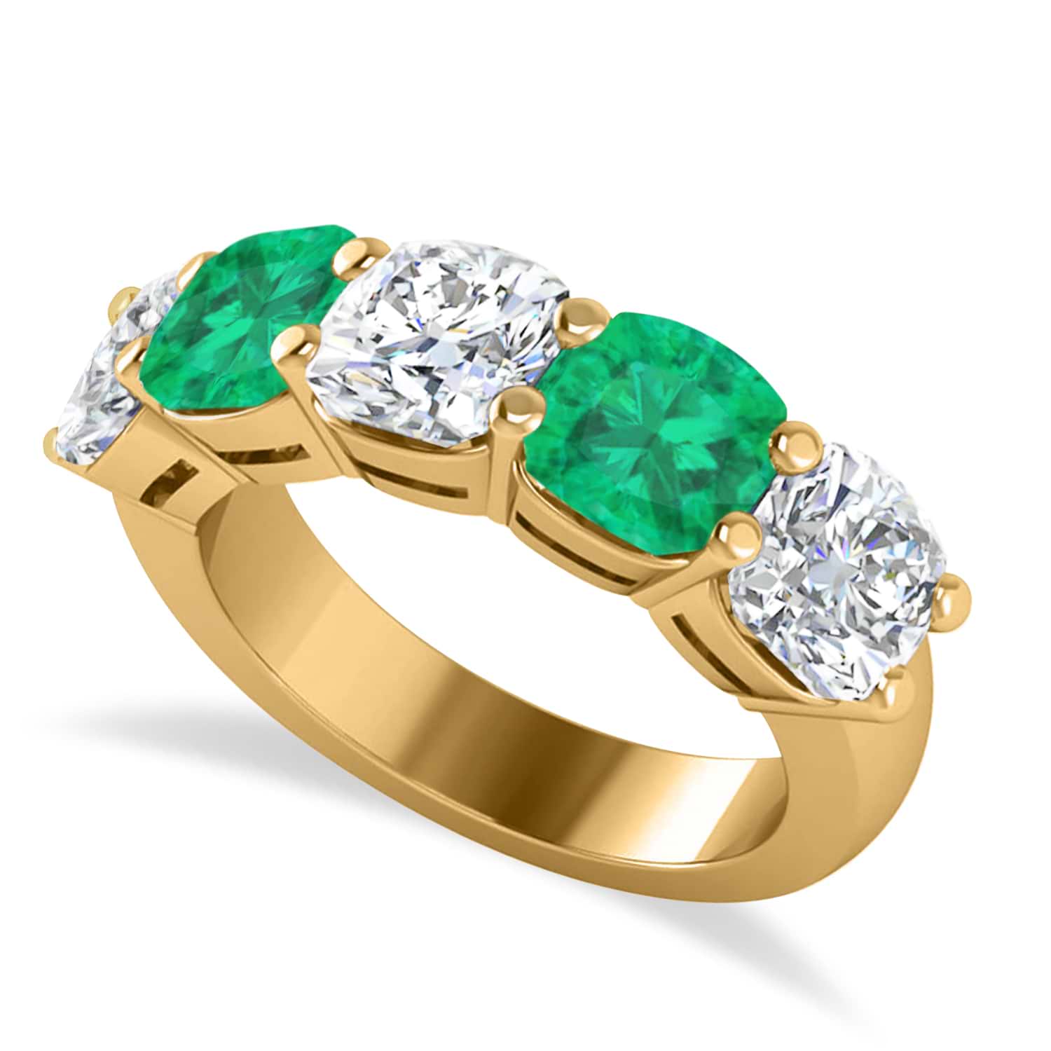Cushion Diamond & Emerald Five Stone Ring 14k Yellow Gold (5.20ct)
