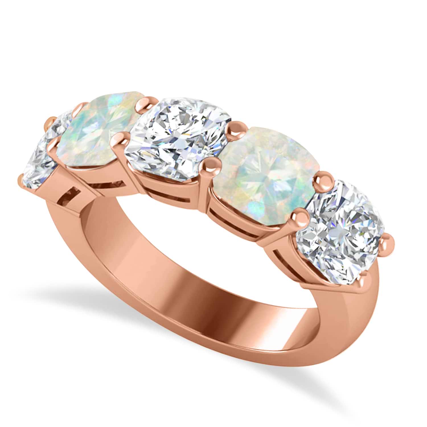 Cushion Diamond & Opal Five Stone Ring 14k Rose Gold (5.20ct)
