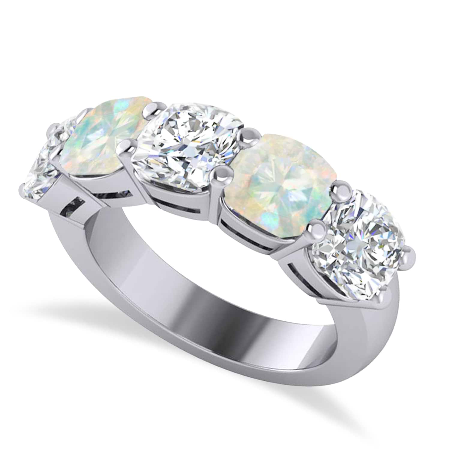 Cushion Diamond & Opal Five Stone Ring 14k White Gold (5.20ct)