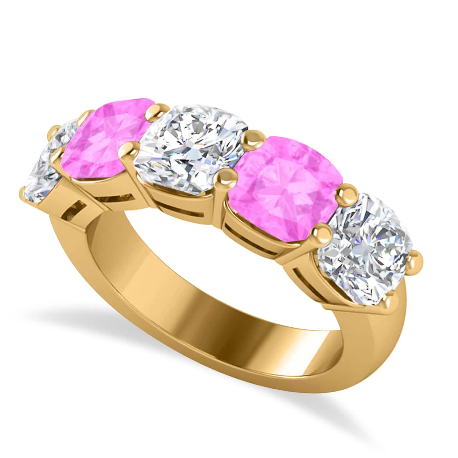 Cushion Diamond & Pink Sapphire Five Stone Ring 14k Yellow Gold (5.20ct)