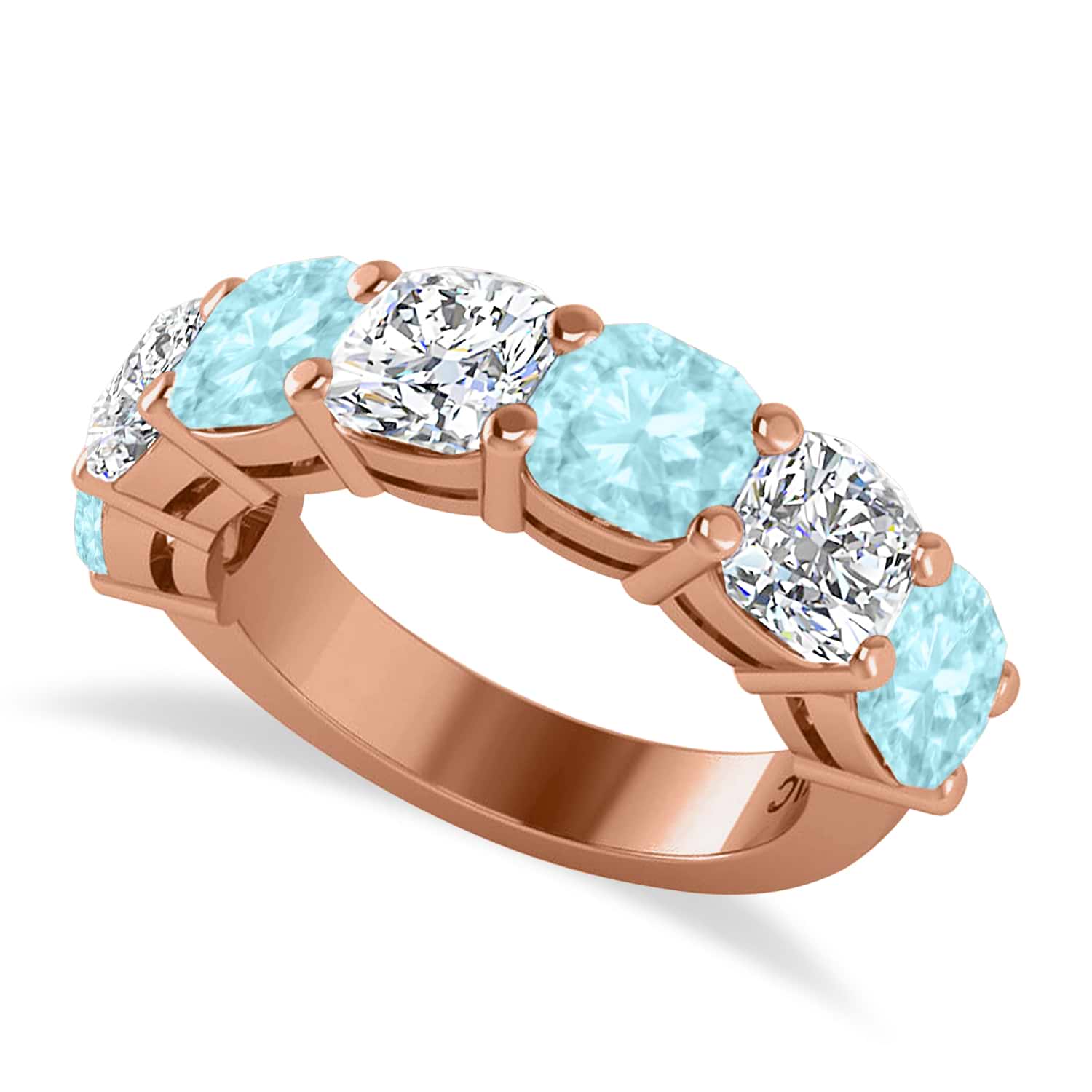 Cushion Diamond & Aquamarine Seven Stone Ring 14k Rose Gold (5.85ct)