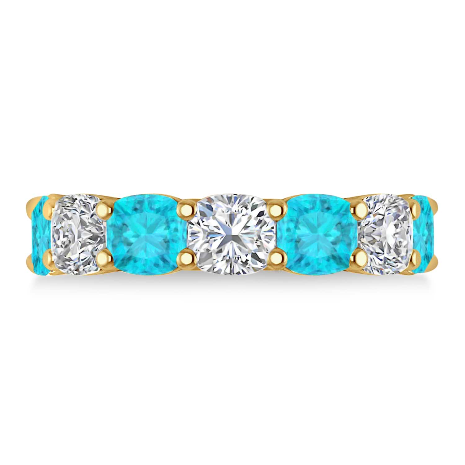 Cushion Blue & White Diamond Seven Stone Ring 14k Yellow Gold (5.25ct)