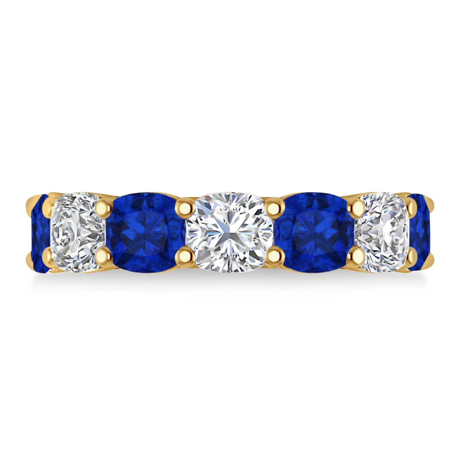 Cushion Diamond & Blue Sapphire Seven Stone Ring 14k Yellow Gold (5.85ct)