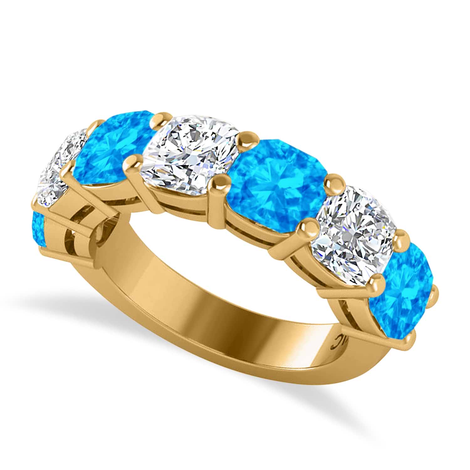 Cushion Diamond & Blue Topaz Seven Stone Ring 14k Yellow Gold (5.85ct)