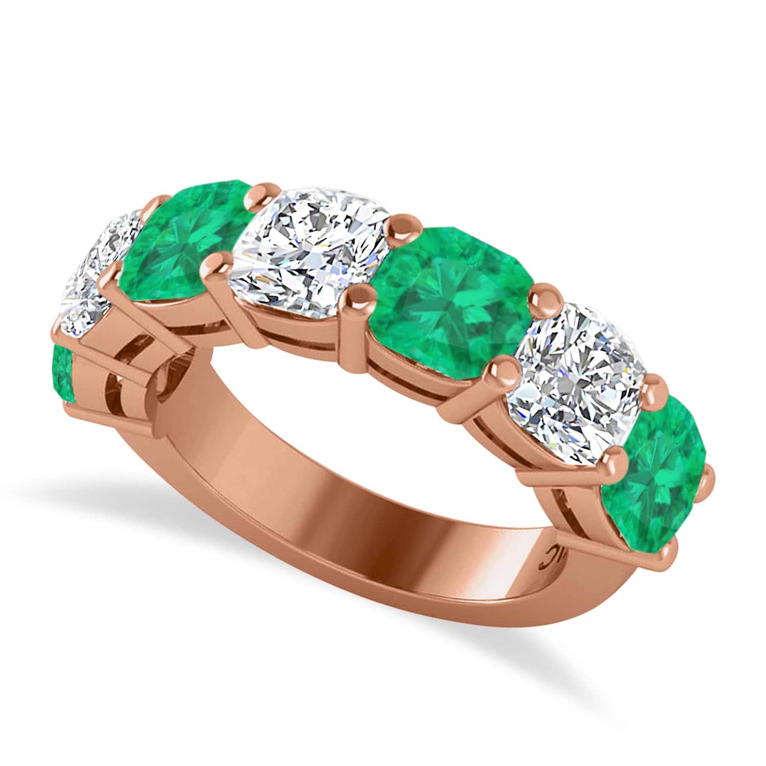 Cushion Diamond & Emerald Seven Stone Ring 14k Rose Gold (5.85ct)