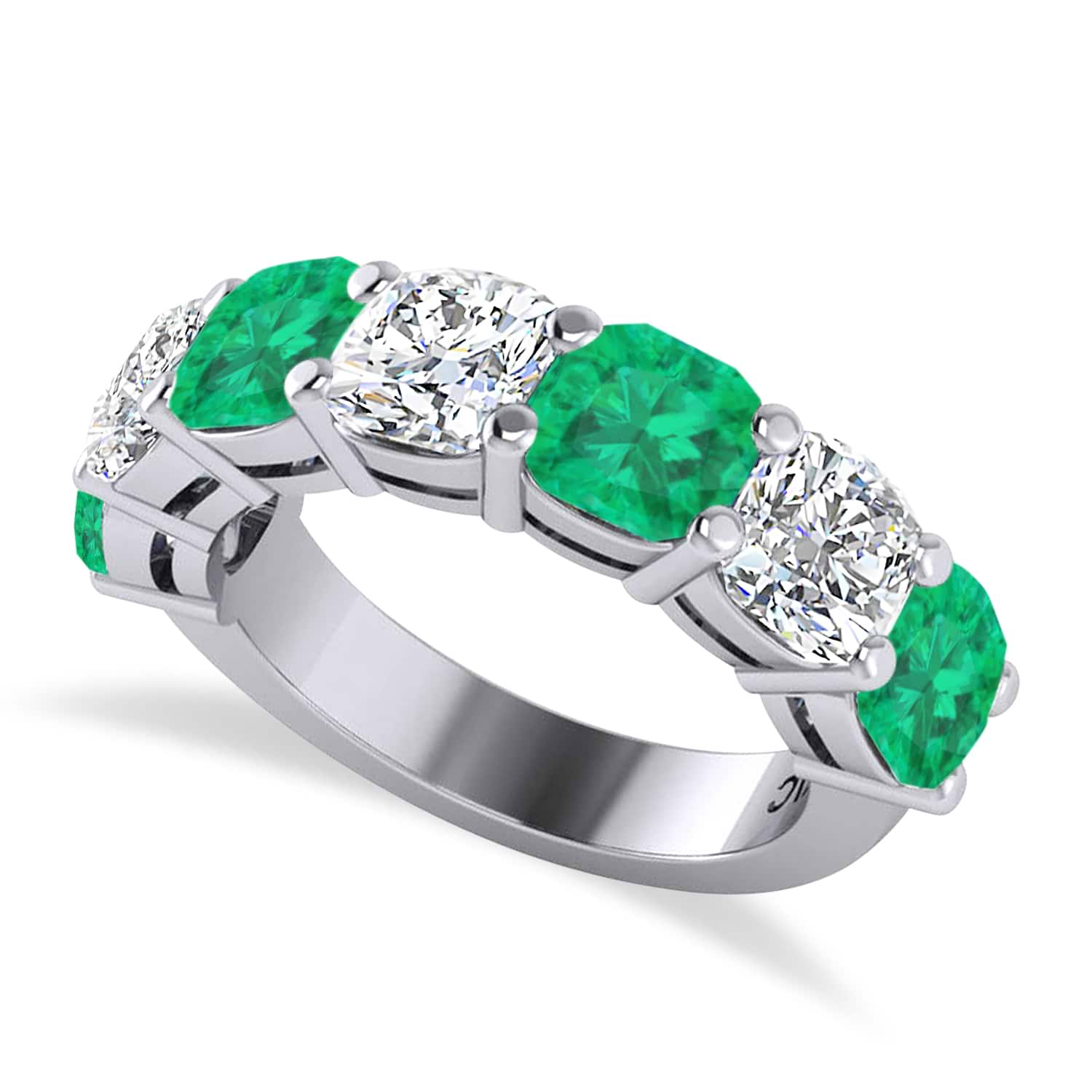 Cushion Diamond & Emerald Seven Stone Ring 14k White Gold (5.85ct)