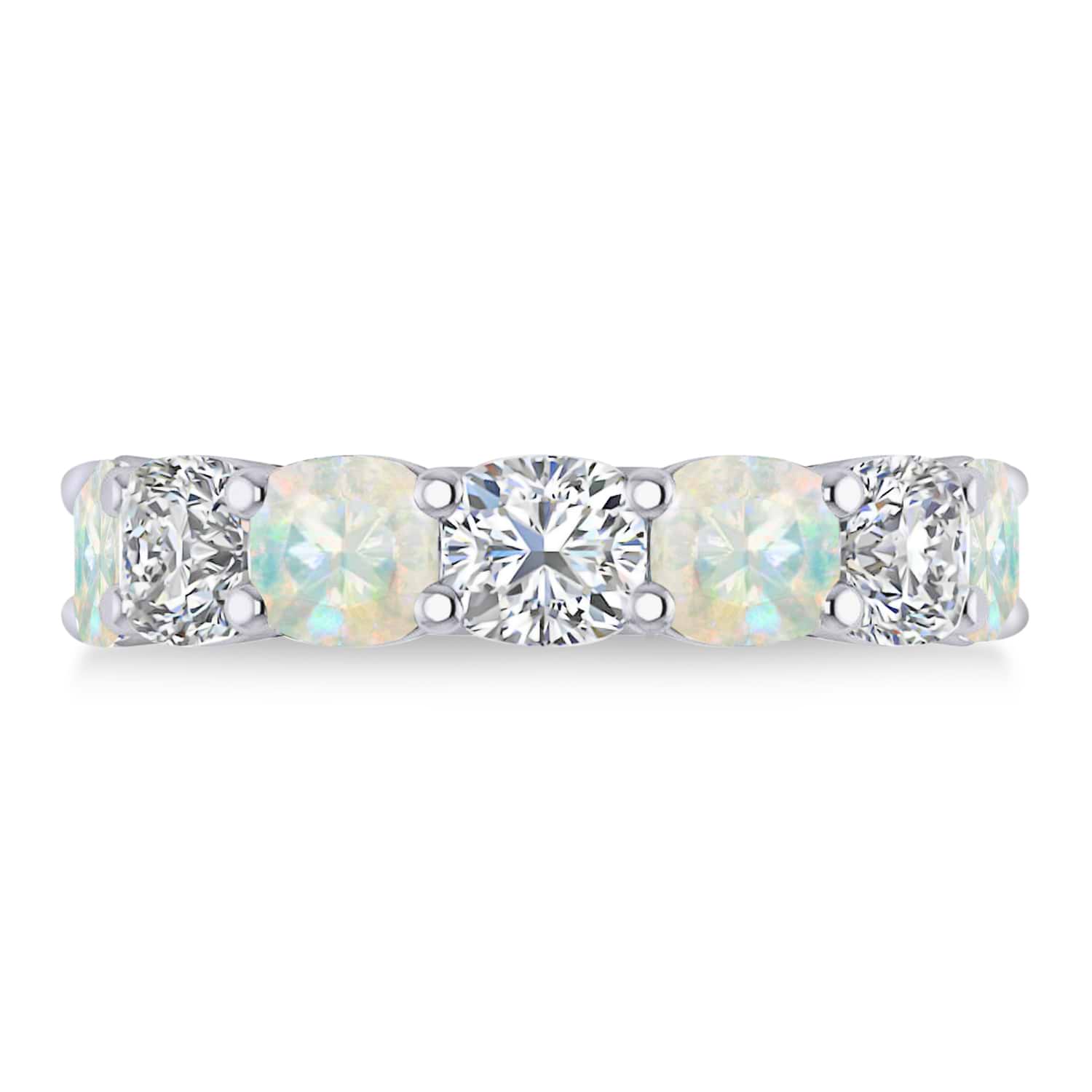 Cushion Diamond & Opal Seven Stone Ring 14k White Gold (5.85ct)