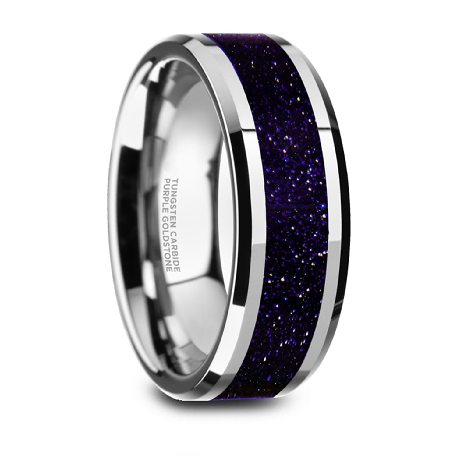 Beveled Tungsten Wedding Band w/ Purple & Black Goldstone Inlay (8MM)