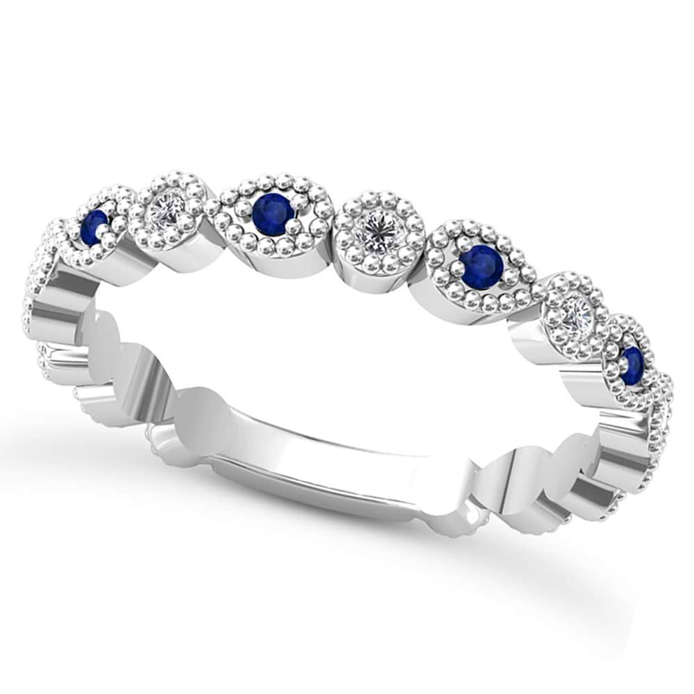 Alternating Diamond & Blue Sapphire Wedding Band 14k White Gold (0.21ct)