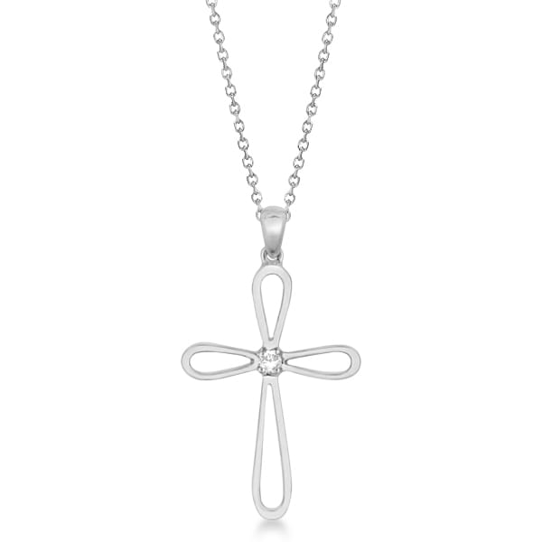 Open Cross Pendant Necklace with Diamond Accent 14K White Gold 0.03ct
