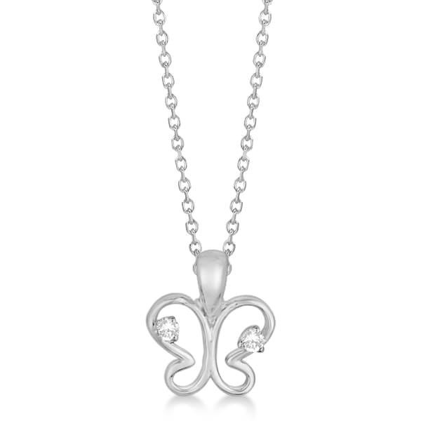 Petite Butterfly Shaped Pendant Necklace w/ Diamonds 14k White Gold