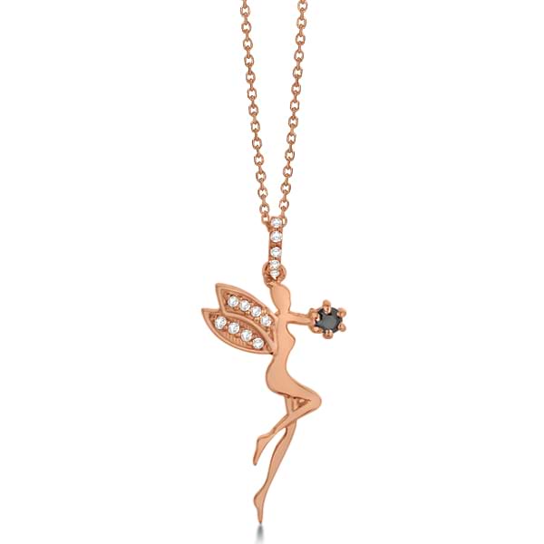 White & Black Diamond Fairy Pendant Necklace 14k Rose Gold 0.14ct