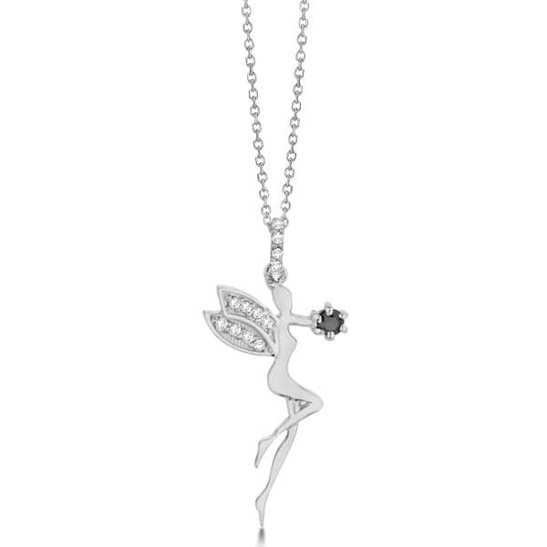 White & Black Diamond Fairy Pendant Necklace 14k White Gold 0.14ct