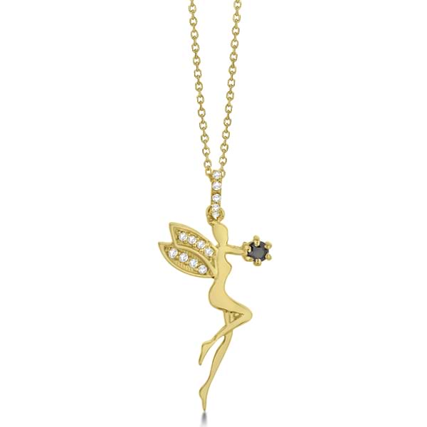 White & Black Diamond Fairy Pendant Necklace 14k Yellow Gold 0.14ct