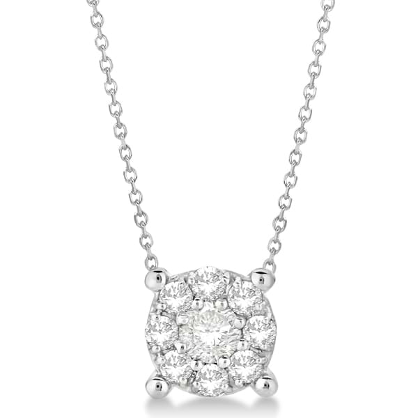Ladies Cluster Diamond Halo Pendant Necklace 14K White Gold 0.22ct.