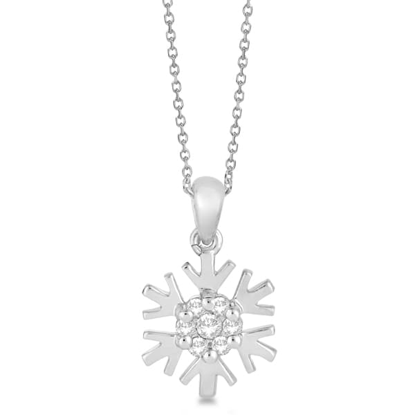Snowflake Pendant & Chain with Diamond Halo Design 14k White Gold 0.05ct