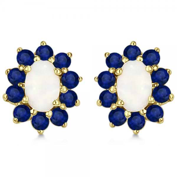 Oval Opal & Blue Sapphire Post Stud Earrings in 14k Yellow Gold (2.64ct)