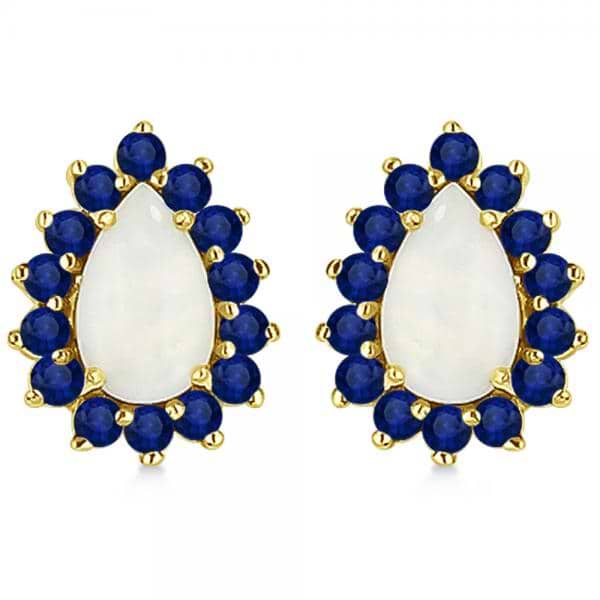Pear Opal & Blue Sapphire Post Stud Earrings in 14k Yellow Gold (2.25ct)