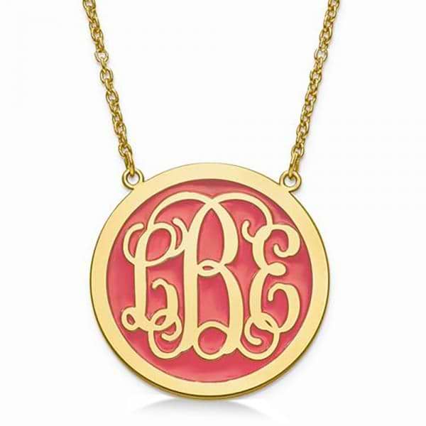 Solid Enamel Monogram Initial Circle Pendant Gold over Sterling Silver