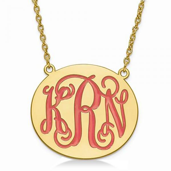 Enameled Monogram Initial Large Plate Pendant Gold on Sterling Silver