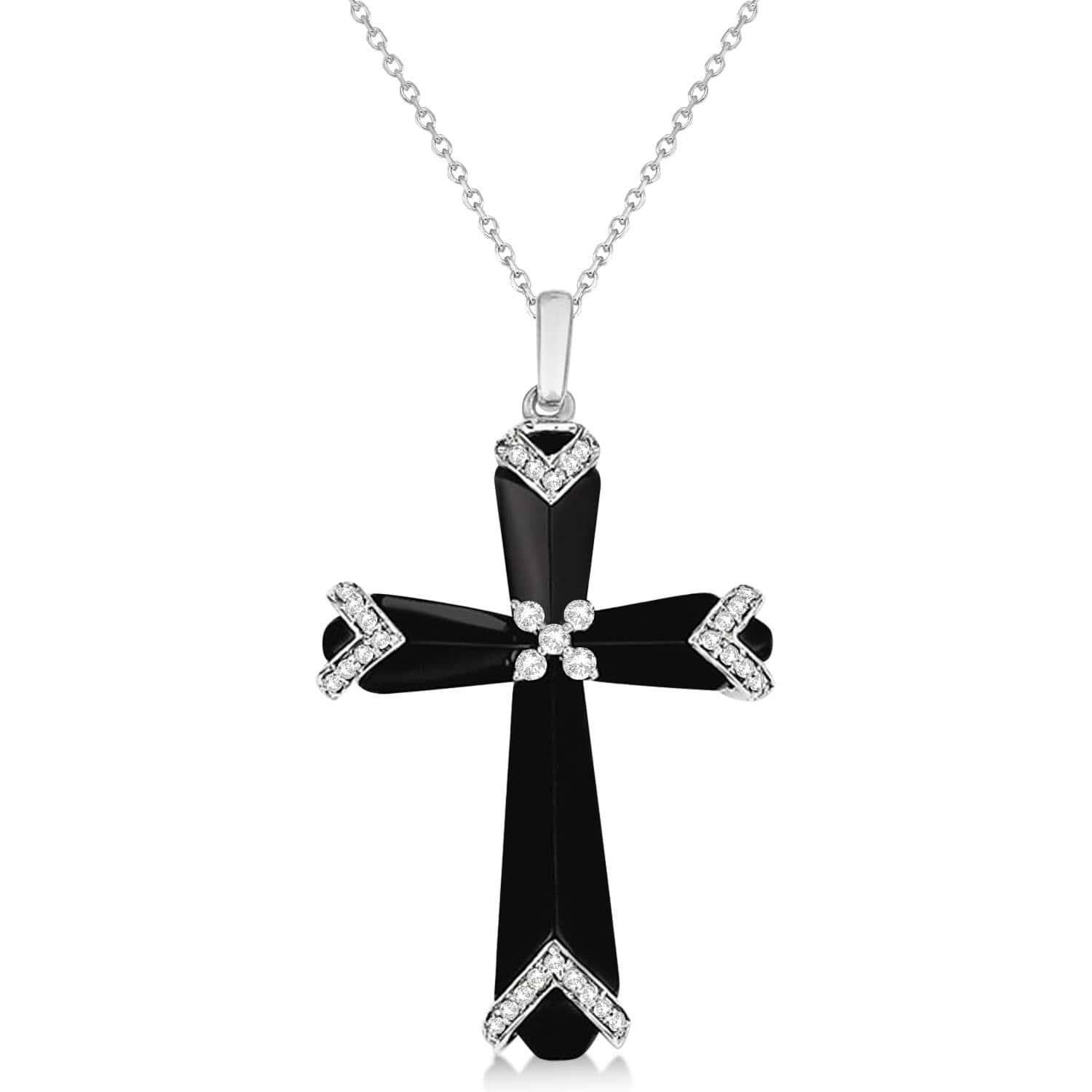 Black Onyx & Diamond Cross Pendant Necklace 14k White Gold (0.16ct)