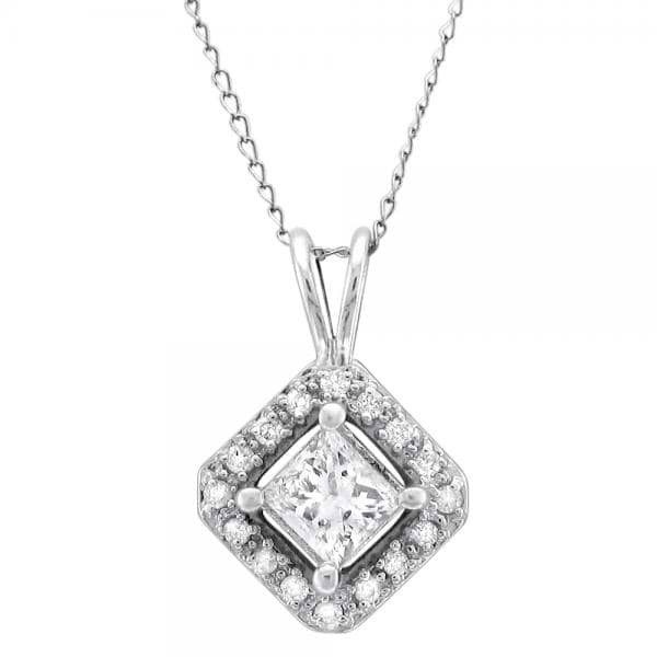Princess Cut Diamond Halo Pendant Necklace in 14k White Gold (0.50ct)