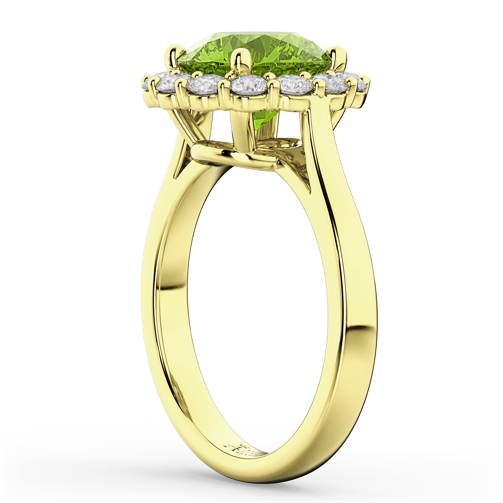 Halo Round Peridot & Diamond Engagement Ring 14K Yellow Gold 4.45ct