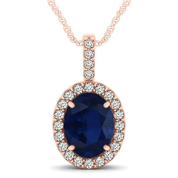 Blue Sapphire & Diamond Halo Oval Pendant Necklace 14k Rose Gold (3.37ct)