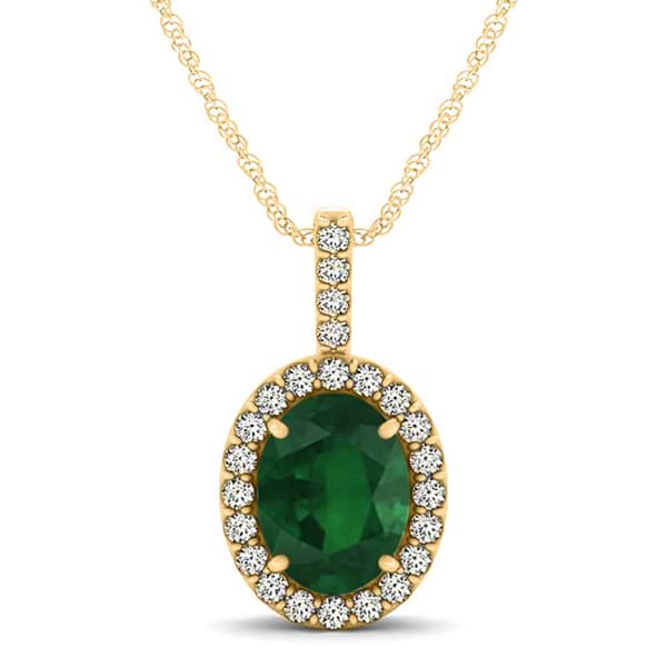 Emerald & Diamond Halo Oval Pendant Necklace 14k Yellow Gold (1.02ct)