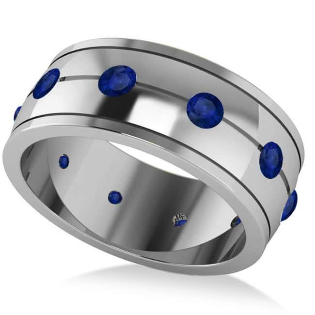 Men's Blue Sapphire Ring Eternity Wedding Band 14k White Gold (1.00ct)