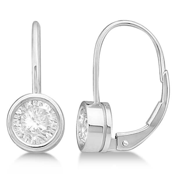 Moissanite Bezel Set Stud Earrings Leverbacks 14K White Gold 1.00ctw