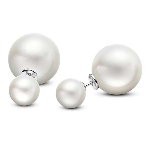 Freshwater White Round Pearl Double Pearl Studs Sterling Silver (8-11mm)
