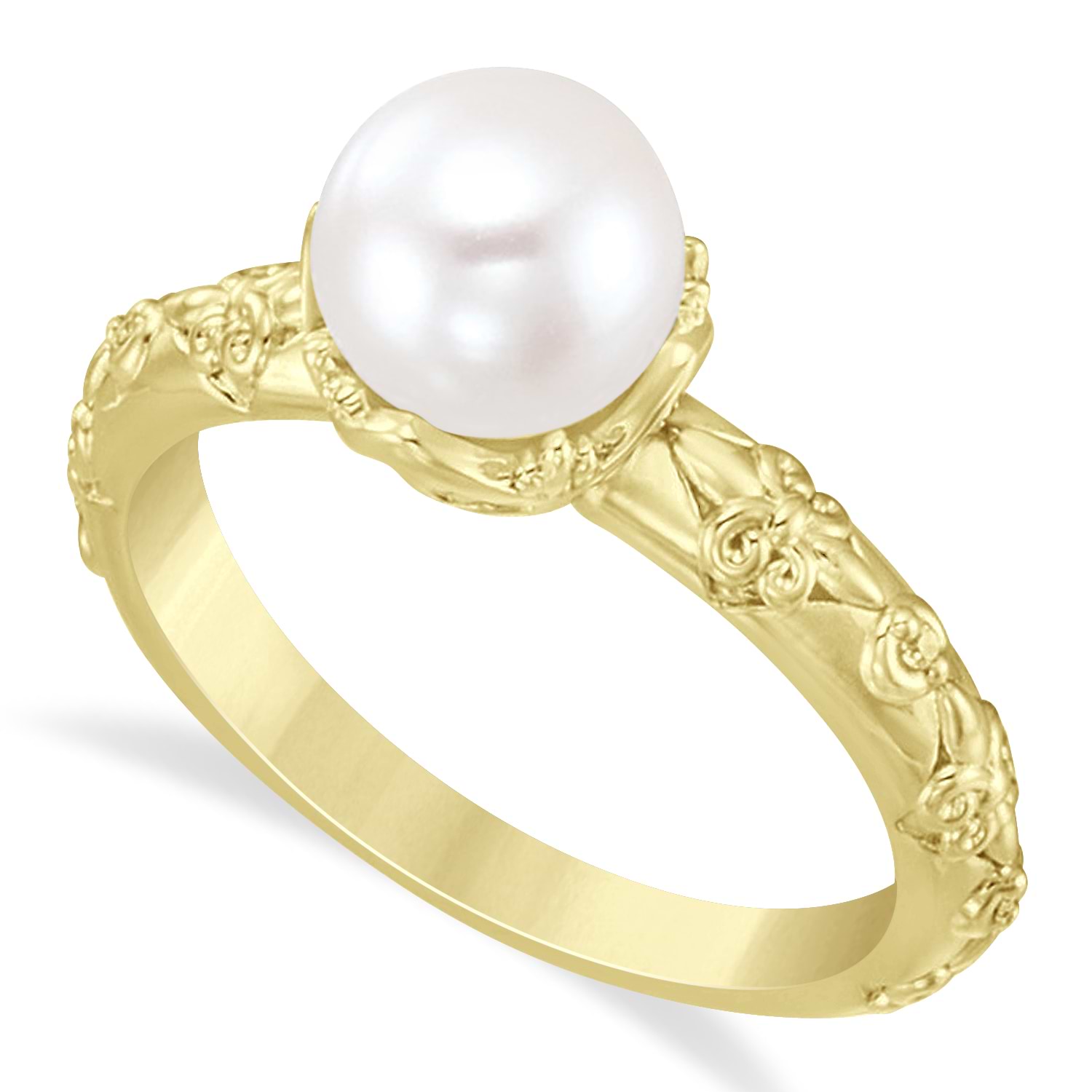 Vintage-Inspired Freshwater Pearl & Diamond Ring 14k Yellow Gold (7.0-7.5mm)