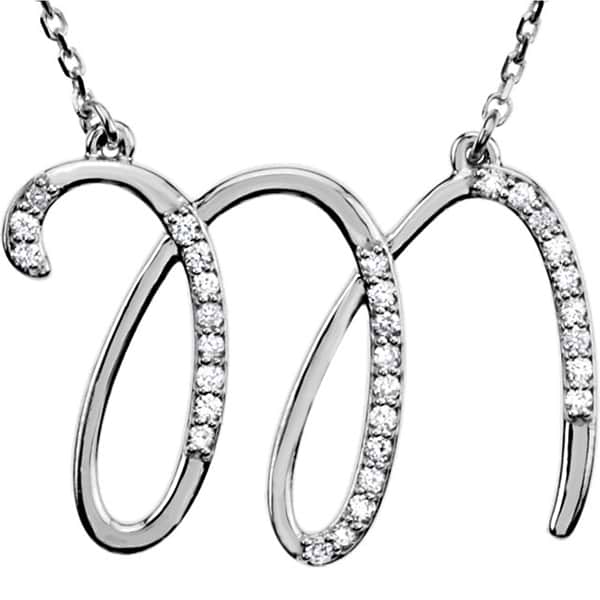 Personalized Diamond Cursive Initial Pendant Necklace 14k White Gold LETTER M