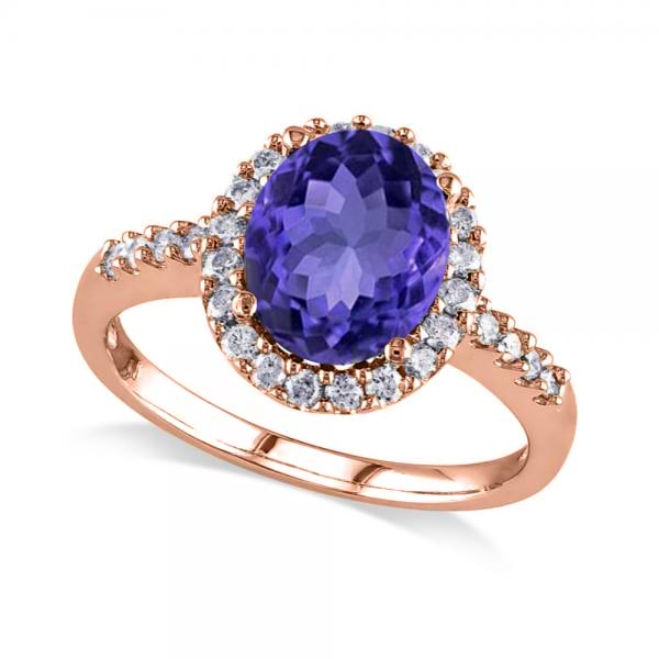 Oval Tanzanite & Halo Diamond Engagement Ring 14k Rose Gold 3.57ct size 4.75