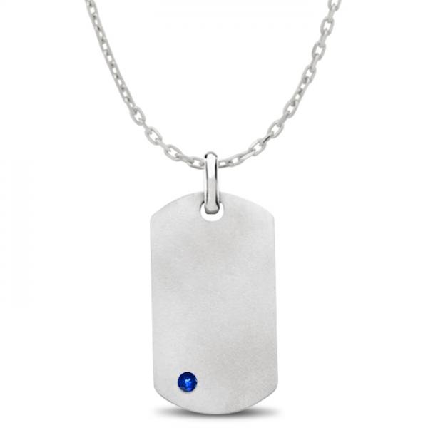 Engravable Dog Tag Pendant w/ Blue Sapphire in Sterling Silver 0.15
